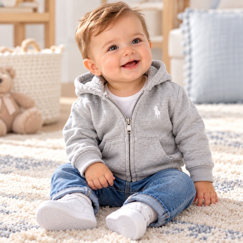 RALPH LAUREN Baby Unisex 6 M Gray 100% Cotton Full Zip Hooded Logo